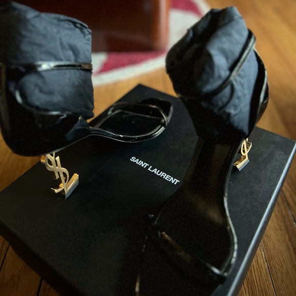 Yves Saint Laurent Black Leather Gold YSL Logo Stiletto Heels